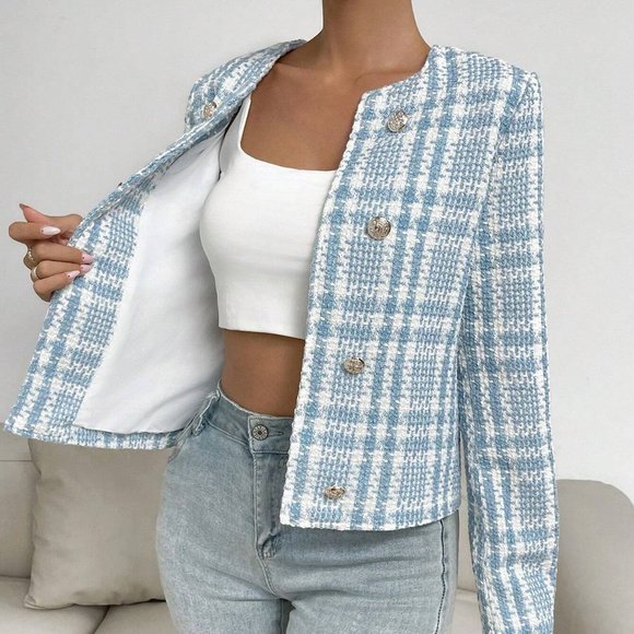 Blue Preppy Womens Plaid Pattern Open Front Overcoat - Picture 4 of 5